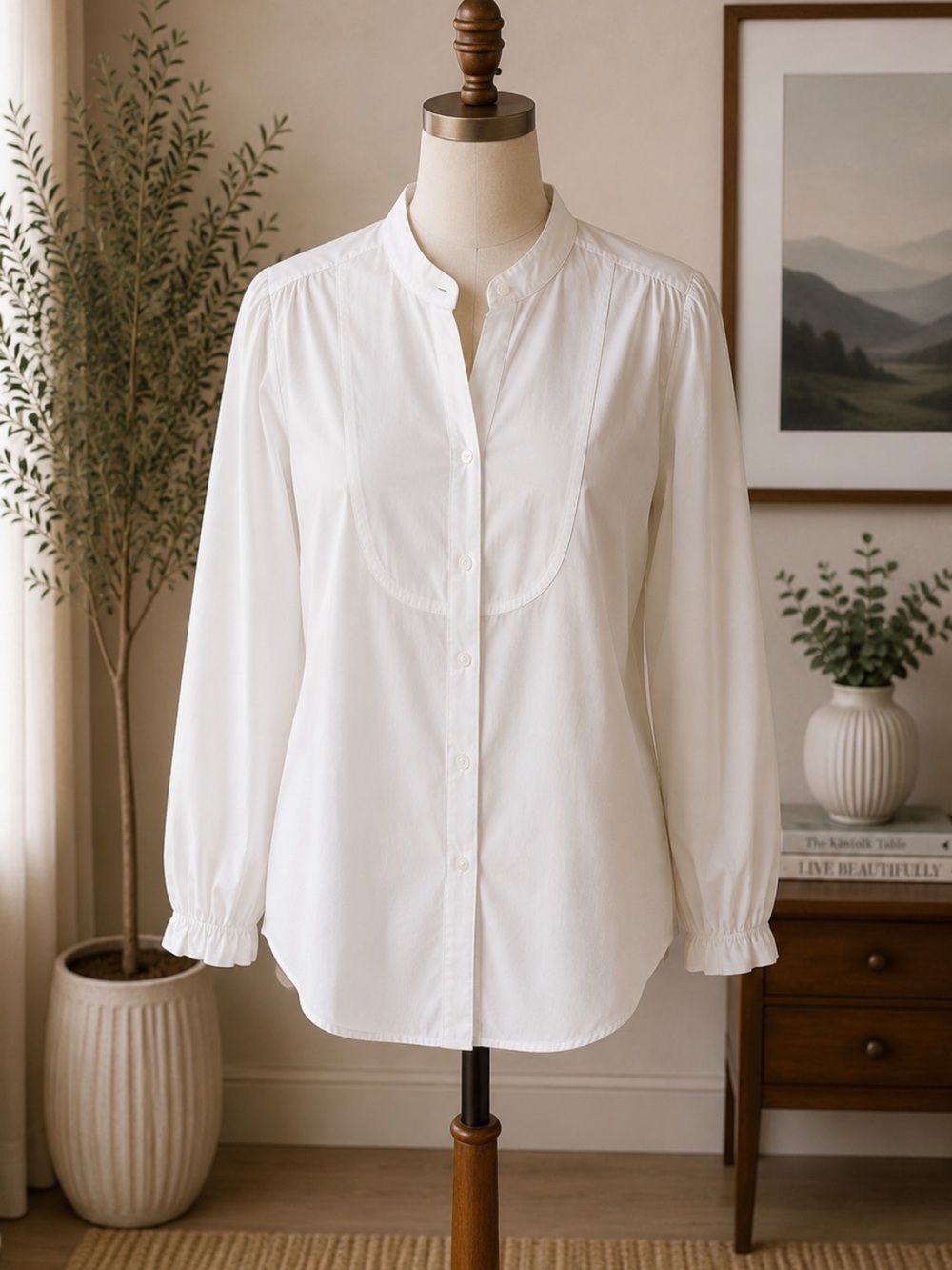 LOFT White Mandarin Collar Button-Down Blouse